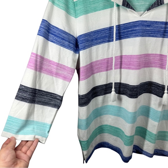 T by Talbots Large Brush Stripe Tassel Split Neck Pullover 3/4 Sleeves Beach - Picture 3 of 11